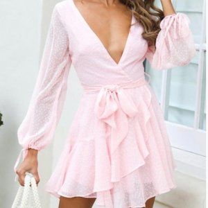 Hello Molly Long Sleeve Swiss Dot Pink Dress with Belt
